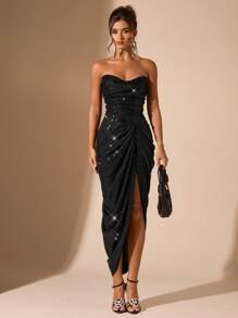 SHEIN BAE 女士优雅别致派对/约会万圣节纯黑色性感闪光亮片服装 - 黑色 - 查看 4