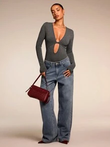 SHEIN BAE Body de mujer de unicolor con cuello en V profundo y calado