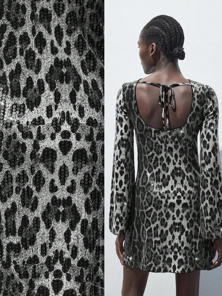 SHEIN Maija 여성용 우아한 시퀸 표범 무늬 긴팔 허리 원피스, 학교 복귀, 파티, 휴가, 도시 여행, 가을/겨울에 적합