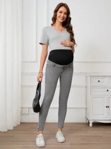SHEIN Maternidad Jeans entallados de cintura alta de color block con estiramiento informal