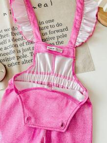 SHEIN Bộ đồ liền thân viền bèo nhún màu hồng họa tiết dâu tây dễ thương cho bé gái sơ sinh, mùa thu/đông - Hồng - Xem 8