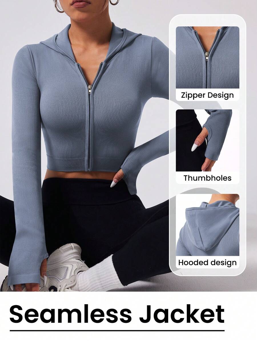 Easithlete Easithlete Solid Color Hooded Zip-Up Long Sleeve Seamless Sports Jacket - Grey - View 1