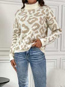SHEIN LUNE 豹纹高领女式毛衣，简约时尚休闲日常穿着 - 卡其色 - 查看 3