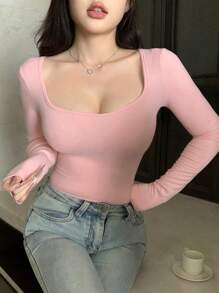 DAZY 女式方领长袖 T 恤，修身纯色休闲简约风格，适合日常穿着、秋季服装 - 粉色 - 查看 6