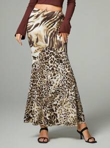 INAWLY 1pc Women's Elegant Leopard Print Mermaid Skirt With Full Flared Hem, Minimalist Style, For Autumn Fall Cloth For Women - Multicolor - View 1