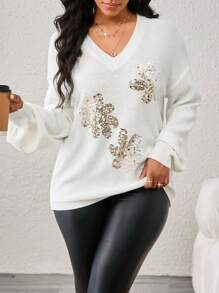 SHEIN Lady Jersey holgado de punto con cuello en V, manga farol y patrón floral de lentejuelas, para otoño/invierno para mujer - Beis - Ver 3