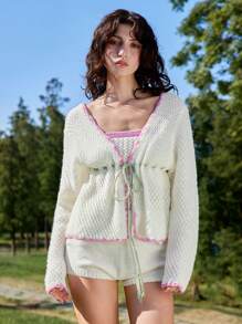 Skyraze Women Colorblock Long Sleeve White Cardigan