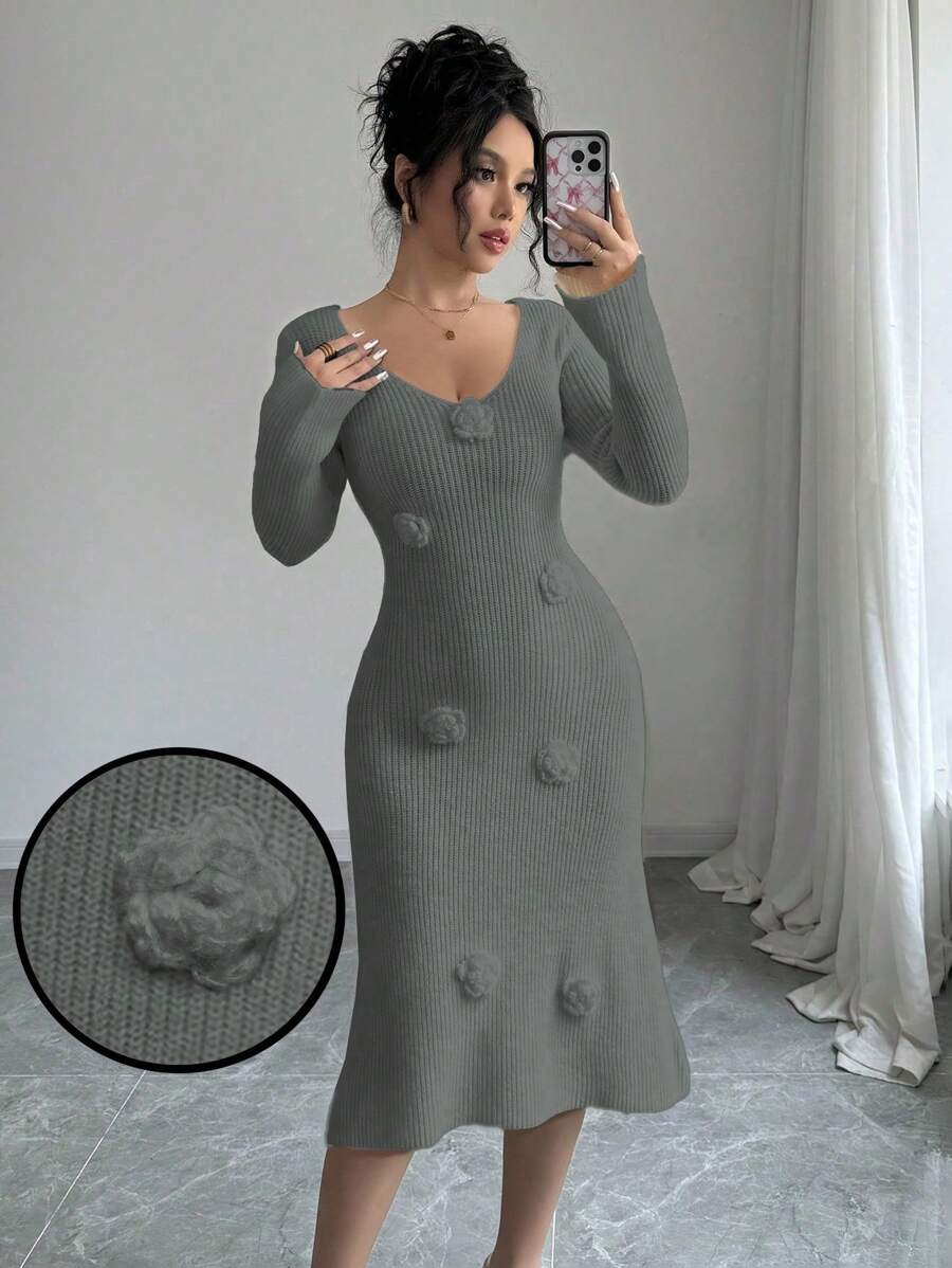 Chiquease Handmade Crochet V-Neck Solid Color Slim-Fit Long Sleeve Sweater Dress - Grey - View 1