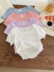 Conjunto de 4 piezas informal para bebé niña, top de manga corta con volantes de canalé de unicolor, versátil - Multicolor - Ver 6