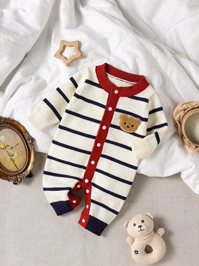 SHEIN Vintaside Kids Baby Boys Fashion Cute Versatile Colorblock Striped Knitted Sweater Romper
