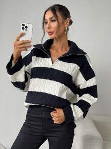 SHEIN Privé Women Front Zipper Long Sleeve Striped Casual Blouse, Everyday Wear