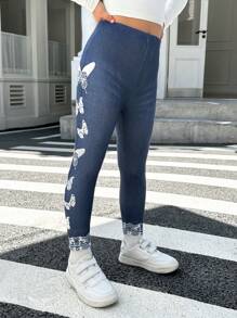 SHEIN Young Girl Butterfly Pattern Knitted Leggings - Blue - View 3