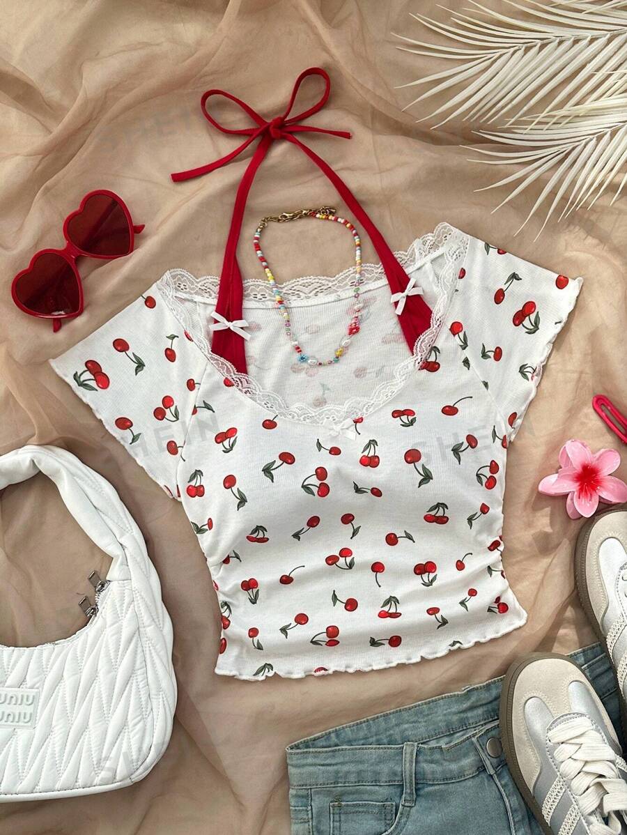 SHEIN Camisa de verano casual de vuelta al colegio con cuello de encaje vintage estampado de cerezas rojas y blancas, diseño de contrastes y lazo decorativo, estilo ballet, 2 en 1 para mujer