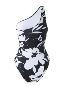 女士随机印花斜肩简约日常连体泳衣夏季 - 黑與白 - 查看 2