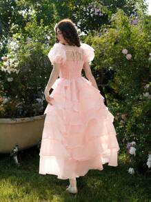 SHEIN MOD Transparante pofmouwen organza jurk met gelaagde, geschulpte rok