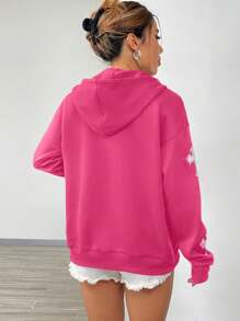 Cross Print Drop Shoulder Drawstring Zip-Up Hoodie - Hot Pink - View 2