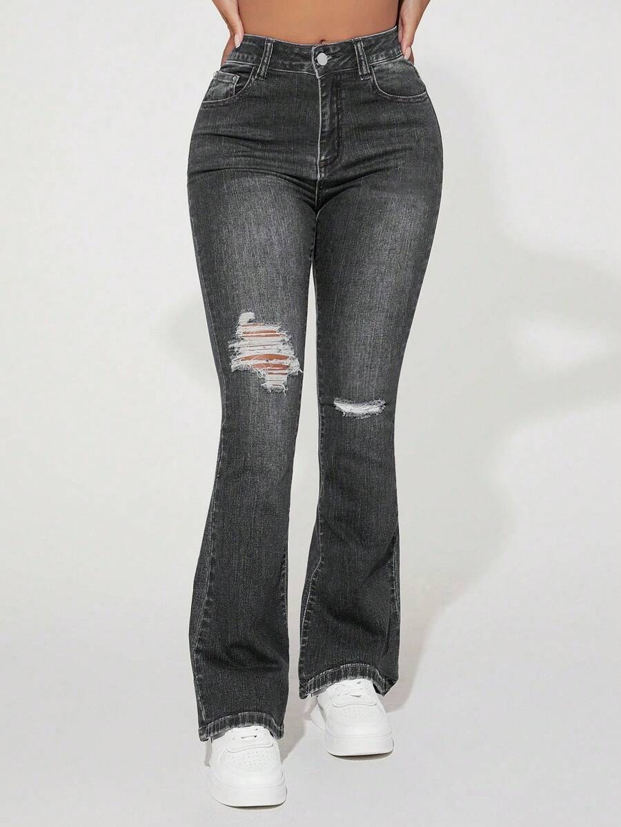 SHEIN PETITE 女式喇叭牛仔裤，带口袋和破洞设计，休闲裤 - 灰色 - 查看 1