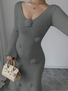 Calvaya Vestido suéter de manga larga con escote en V de unicolor, ajustado, hecho a mano a crochet