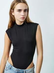 TRNVIE 1pc Women's Black Stand Collar Tight Fit Sleeveless Bodysuit, Casual & Versatile, Autumn/Winter