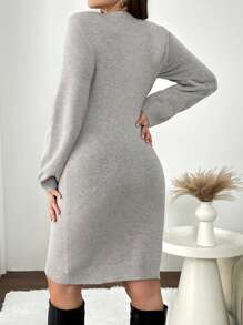 SHEIN Frenchy 优雅 U 领修身大码灰色毛衣连衣裙，秋冬款