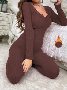 Conjunto de ropa interior térmica para mujer con cuello en V de punto de canalé de terciopelo y encaje