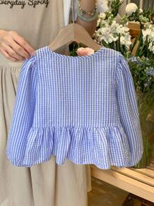 SHEIN LMoss Kids LMoss Young Girl Young Girls' Spring Long Sleeve Plaid Shirt With Ruffle Hem & Bow Decor - Blue - View 2