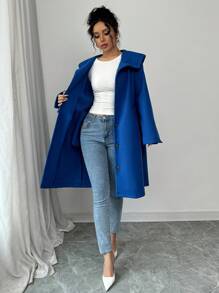 SHEIN Unity Women's Solid Color Long Sleeve Single-Breasted Long Casual Overcoat, Autumn/Winter - Blue - View 6