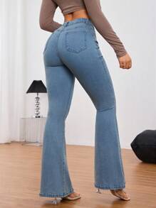 SHEIN Tall Women's Front Button Pocket Simple Style Jeans, Casual Daily Wear - Blue - View 2