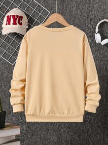 SHEIN 青少年男孩休闲趣味图案印花长袖圆领运动衫，秋冬 - 杏色 - 查看 2