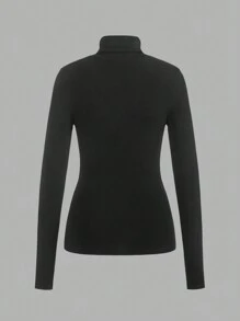 SHEIN EZwear Multicolor Knitted Women Solid High Neck Long Sleeve Tight Fitting T-Shirt Set, Autumn