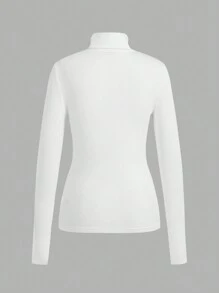 SHEIN EZwear Multicolor Knitted Women Solid High Neck Long Sleeve Tight Fitting T-Shirt Set, Autumn