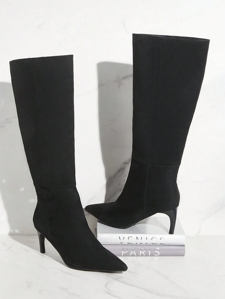 SHUZIA Women Everyday Basic Minimalist Black Suede Comfortable Zip-On Height Heeled Boots Summer Shoes Spring Shoes Spring Break Easter - Black - View 1