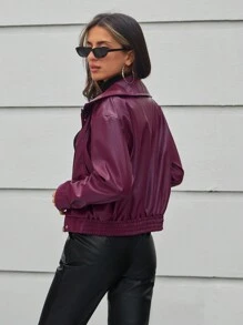 EURMUSE Red PU Leather Jacket With Long Sleeves, Zipper And Shoulder Drop - Burgundy - View 2