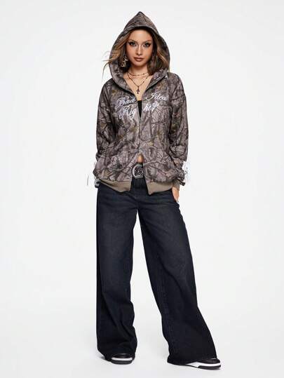 Street Life Sweat-shirt à capuche pour femmes avec nœud ruban, broderie anglaise et imprimé camouflage/lettres, dans le style Streetwear Y2K