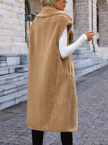 SHEIN Clasi Faux Shearling Button Up Sleeveless Long Coat - Brown - View 2