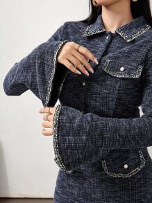 Modelyn 女式两件套纽扣前喇叭袖夹克和裙子套装 - 霧霾藍 - 查看 3