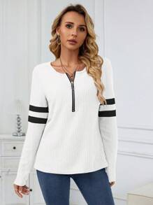 INAWLY Striped Zipper Front Tee Fall Cloth For Women - Black and White - View 7
