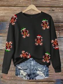 SHEIN LUNE Christmas Gingerbread Man Print Casual Minimalist Pattern Loose Fit Crew Neck Long Sleeve Women Sweatshirt Autumn Winter Clothes For Women