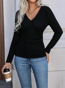 SHEIN LUNE 长袖 T 恤，带纹理褶皱，适合休闲居家或户外穿着 - 黑色 - 查看 4