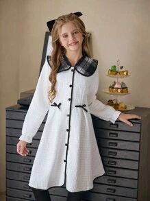 SHEIN Tween Girl White Long Sleeve Bow Cute & Comfortable Autumn/Winter Dress, Suitable For Party And Casual Wear, Sibling/Matching Outfits (2 Pieces Sold Separately) - White - View 5
