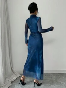 Selianne Đầm Maxi Thiết Kế Mới Thu/Đông Cho Nữ Cổ Đứng Tay Dài Xếp Ly Eo Thon Gọn Vải Lưới Nhuộm Màu Vẽ Tranh In Hình - Màu xanh lam - Xem 5