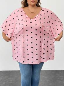 SHEIN CURVE+ Plus Size Valentine's Day Heart Print Long Sleeve Shirt, Suitable For Spring And Winter, For Summer