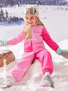 SHEIN 2pcs Young Girl Crew Neck Patchwork Contrast Color Sweatshirt And Pants Set - Hot Pink - View 3