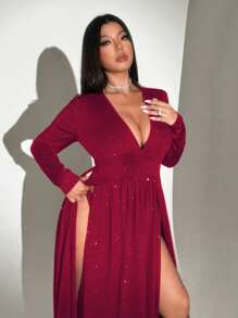 Viva Relle Vestido largo informal con escote en V, manga larga y abertura lateral para tallas grandes