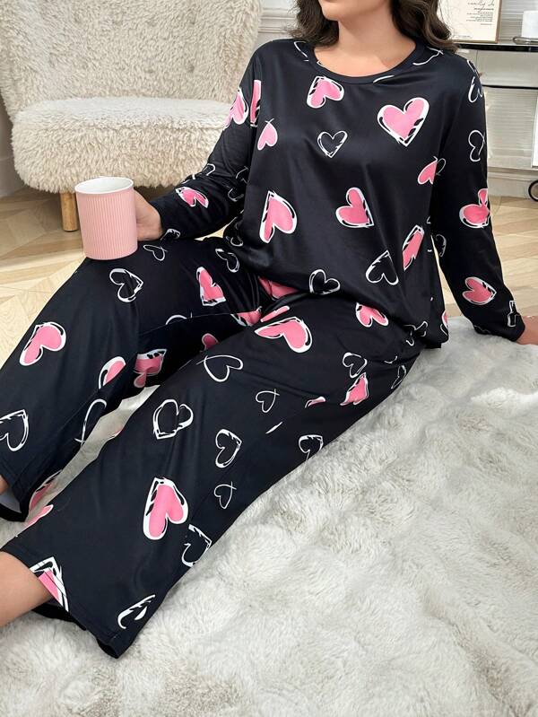 All-Over Heart Print Round Neck Long Sleeve Top & Long Pants Plus Size Pajama Set, Cozy Outfits, Fall Winter Clothes
