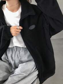 FRIFUL Women Solid Color Applique Fleece Zip-Up Regular Jacket, Winter Outerwear Women Coats - Black - View 7