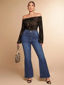 SHEIN BAE Bodyduit de encaje con estampado floral, de un solo hombro, acampanado y de efecto "transparente" para mujer talla grande, ideal para citas románticas, uso interior, elegante y sexy, perfecto para festivales