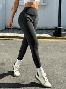 SHEIN EZwear 女士黑色复古做旧酸洗紧身打底裤 - 黑色 - 查看 6