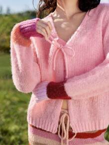 Skyraze Women Solid Color Lace-Up Front Long Sleeve Casual Cardigan,Solid Raglan Sleeve Ribbed Knit Cardigan,Ladies Spring/Fall Casual Long Sleeve Regular Fit Hot Pink Raglan Sleeve Pullovers Women Cardigan