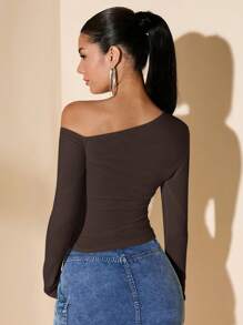 SHEIN BAE 女式不对称不对称领口长袖修身休闲 T 恤，纯白色，秋冬 - 咖啡棕 - 查看 2